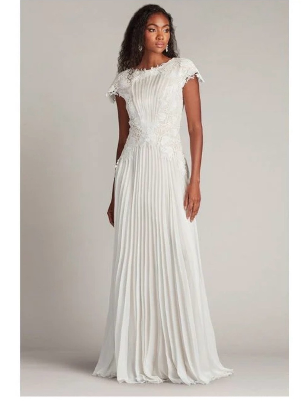 Tadashi Shoji Ivory Lace-Trim Pleated Maxi Dress
